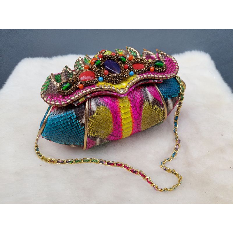 Clutch Pesta Sandra Size S Multi Color -Clutch Model Kerang Asli Tas Kulit Ular Piton - Tas Pesta Ta