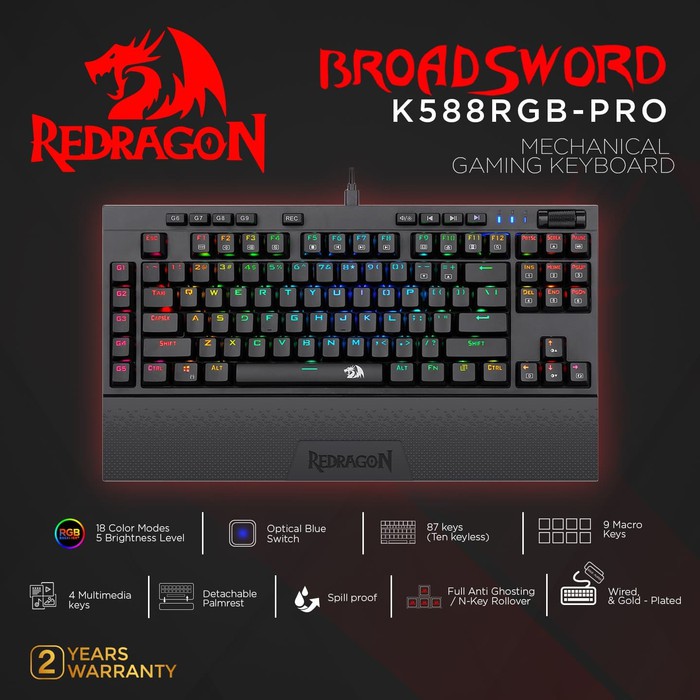 Keyboard Gaming Mechanical Redragon TKL RGB with palm rest &amp; macro program BROADSWORD K588RGB