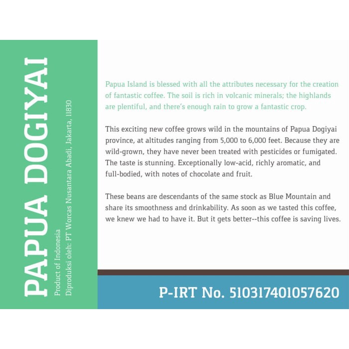 

vf0100f Worcas Arabica Papua Dogiyai 100 Gram - Medium Roasted Coffee - Kopi Biji Ds20X11