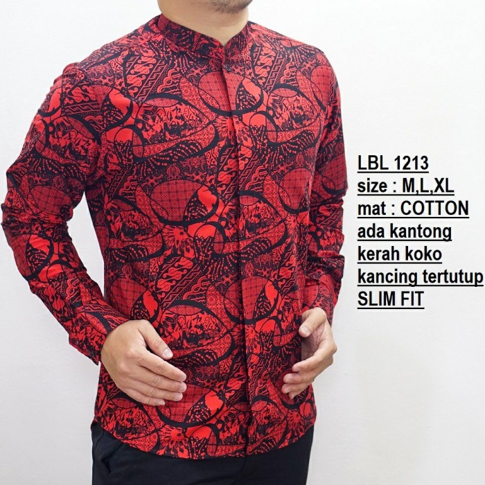 KEMEJA BATIK PRIA SLIM FIT MERAH / BAJU BATIK PRIA MERAH IMLEK LB577