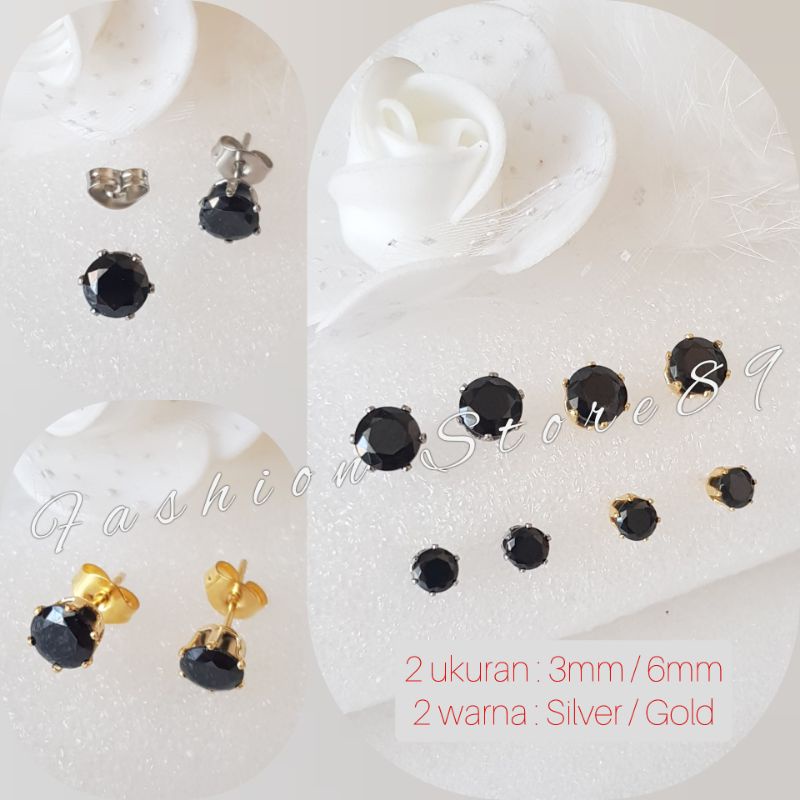 Ready Anting Tusuk permata Zircon Hitam Titanium Gold Silver Import Bestquality anting tusuk