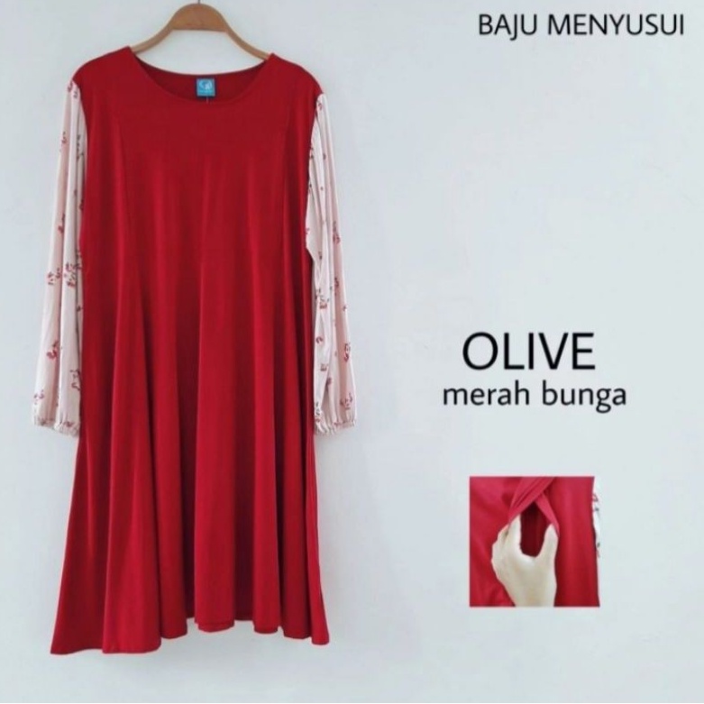 MAMIGAYA OLIVE Dress Bahan Kaos Lengan Panjang Baju Menyusui