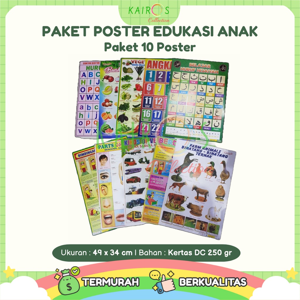 Paket 10 Poster Dinding Belajar Anak Edukasi Huruf, Angka, Hijaiyah, Hewan, Anggota Tubuh, Transportasi