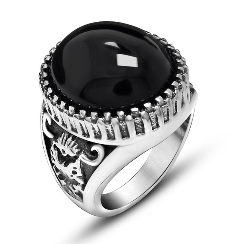 Cincin Pria Bentuk Oval Warna Hitam Bahan Silver Plated Gaya Kasual Punk Untuk Pesta