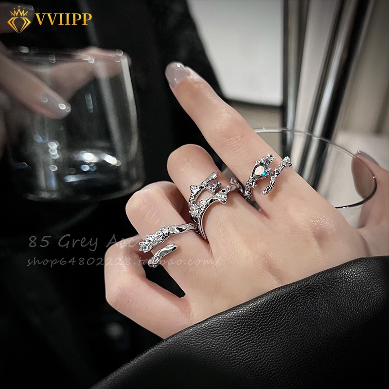 3pcs / Set Cincin Silver Dengan Kristal Untuk Wanita