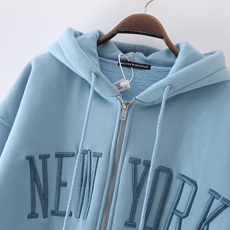 [ COD ] New York Zipper Hoodie Outerwear Fit XL Besar Oversize Sweater Unisex Wanita Pria Cowok Matt Fleece Tebal