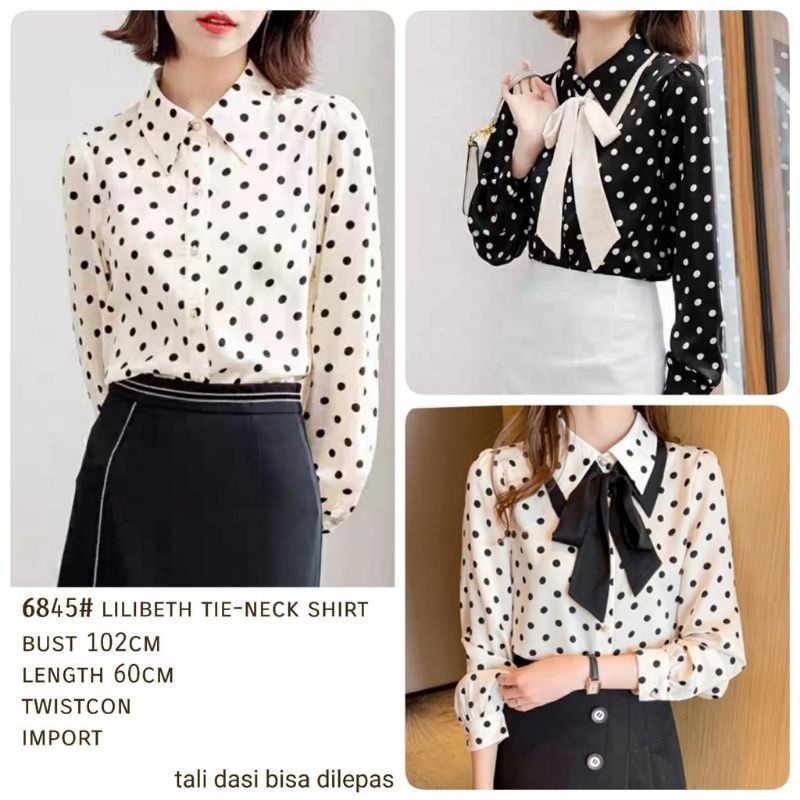 MDLV ~ 6845# Lilibeth Tie-neck Shirt Kemeja Polkadot Blouse Polkadot Atasan Polkadot Lengan Panjang Fashion Import