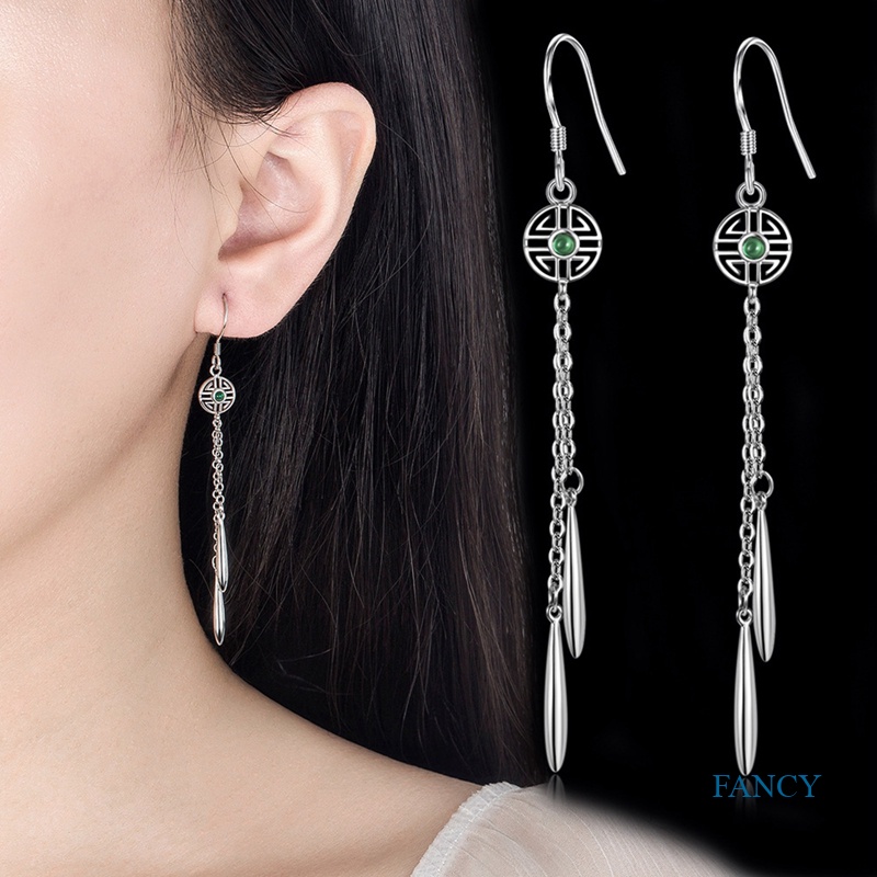 Anting Kait Rumbai Panjang Bentuk Segitiga Geometris Bahan 925 Silver Untuk Wanita