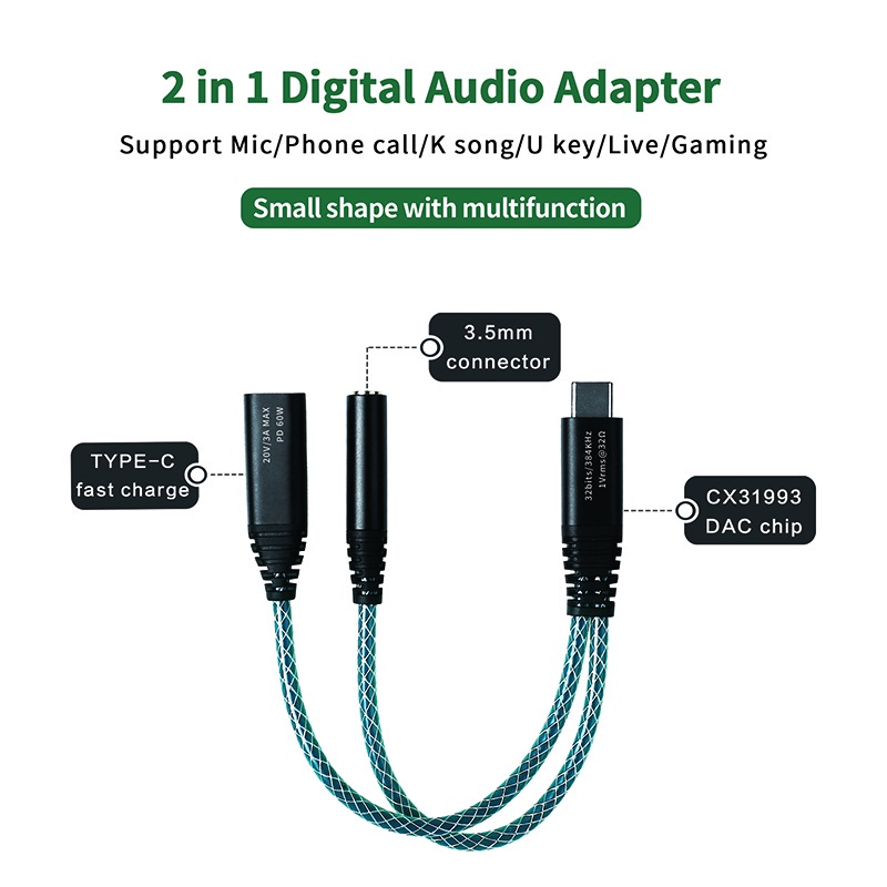 JCALLY SP6 2 in 1 Audio Adapter CX31993 DAC Hi Res Converter 32bits USB Type C to 3.5mm