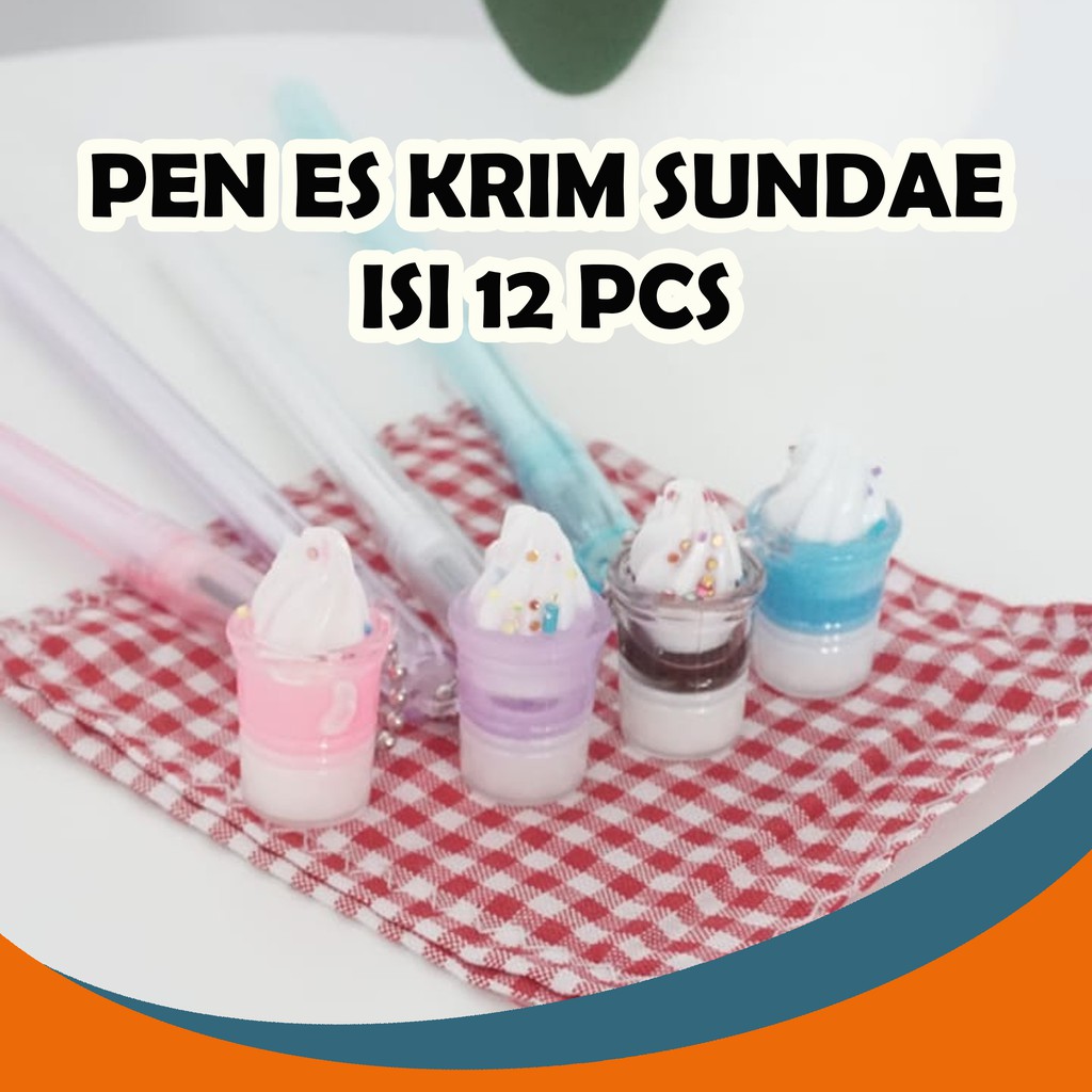 SELUSIN PULPEN SUNDAE ISI 12 PCS PENA BOLPEN KARAKTER PEN ES KRIM ICE CREAM BOBA BUBBLE TEA