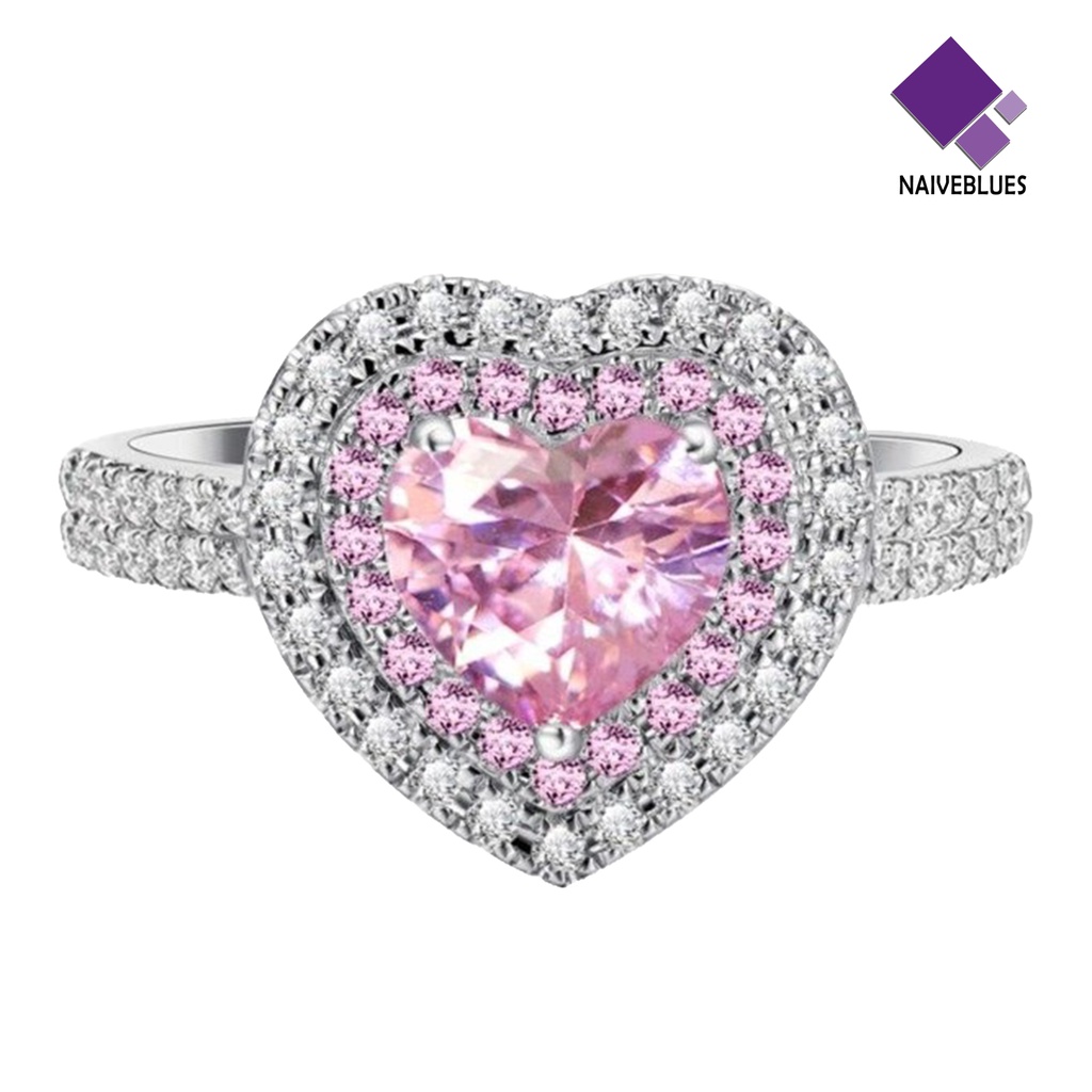 Naiveblue Cincin Platinum Bentuk Hati Hias Berlian Imitasi Warna Pink Untuk Wanita