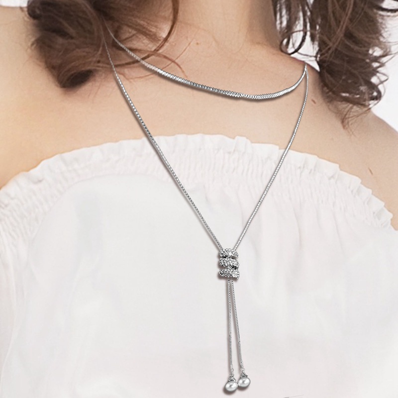 Kalung Panjang Lapis Silver Dengan Liontin Kristal Mutiara Untuk Pengantin