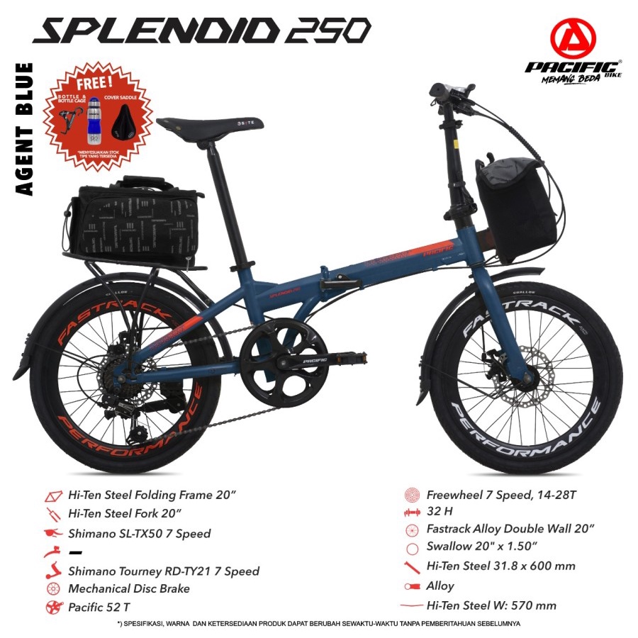 SEPEDA LIPAT PACIFIC SPLENDID 250 20” FRAME STEEL 7 SPEED MECHANIC DISC BRAKE BICYCLE FOLDING BIKE