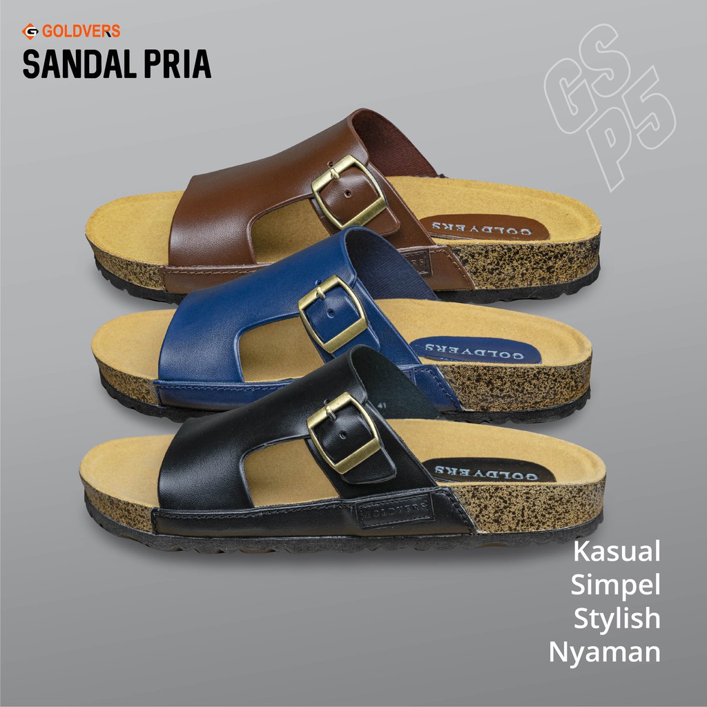 Sandal Pria Original Bahan Kulit Sintetis Mrah Dan Berkualitas GOLDVERS Sandal Kulit Sandal Pria - KREATIVO