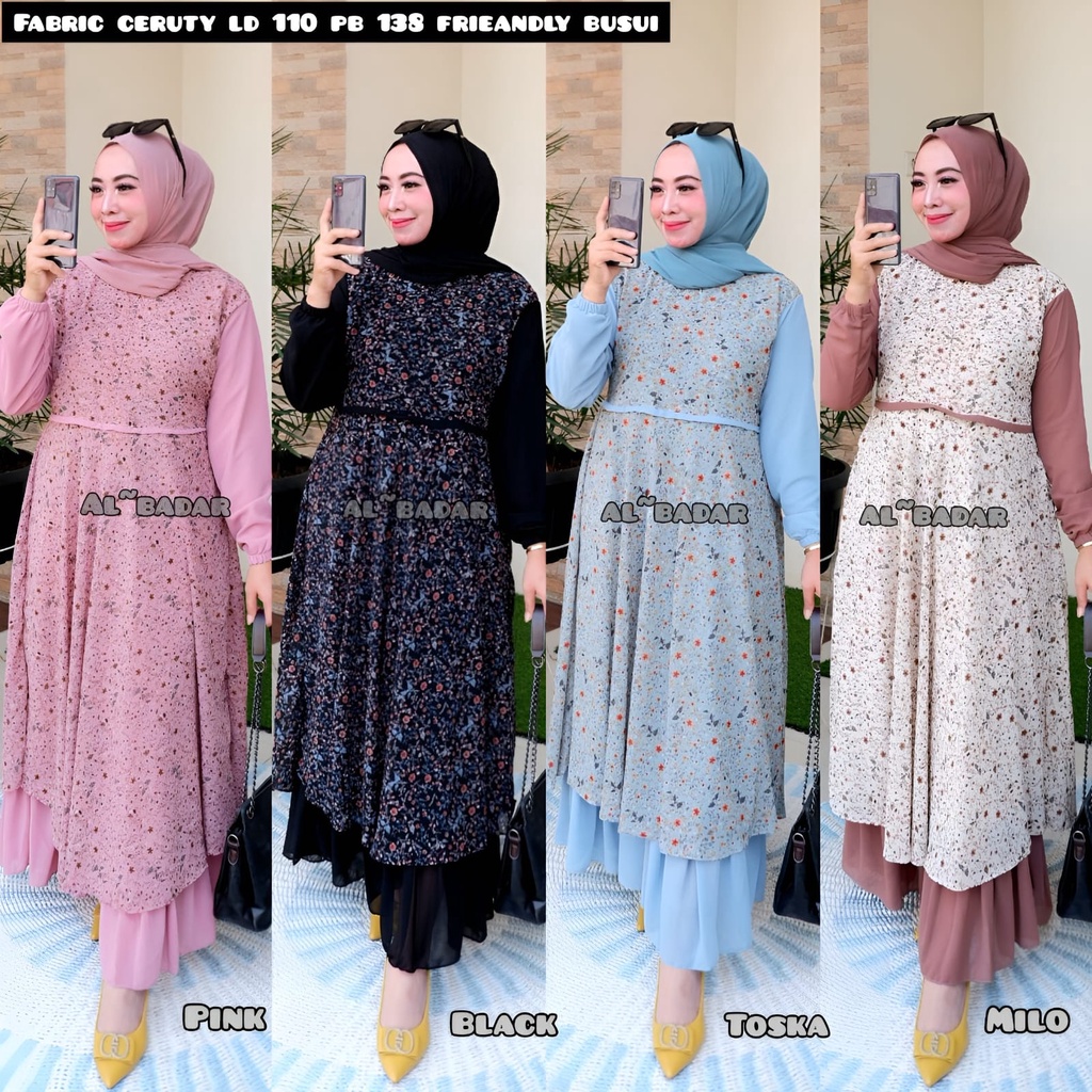 [ BISA COD] GAMIS CERUTY MOTIF KOMBINASI POLOS, DRESS CERUTY BABYDOLL MODEL TERBARU 2021 BY AL BADDAR