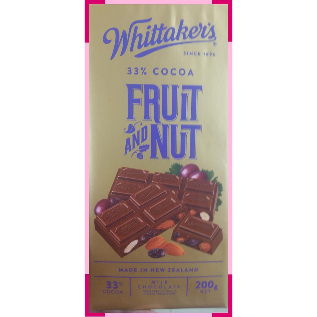 Whittakers | fruit and nut | milk chocolate | product of New Zealand |