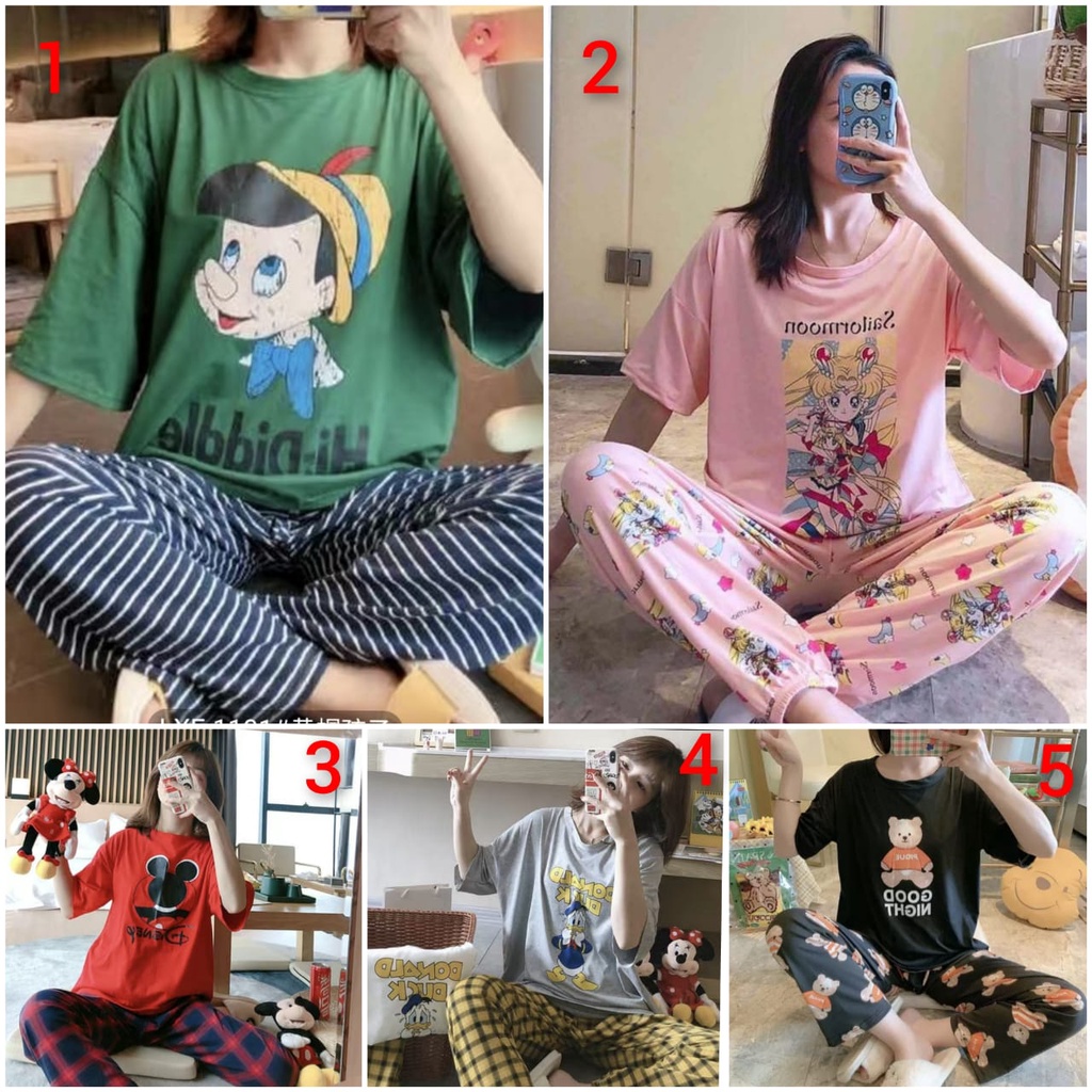 Baju tidur piyama bahan spandek import lengan pendek celana panjang CPspandek16