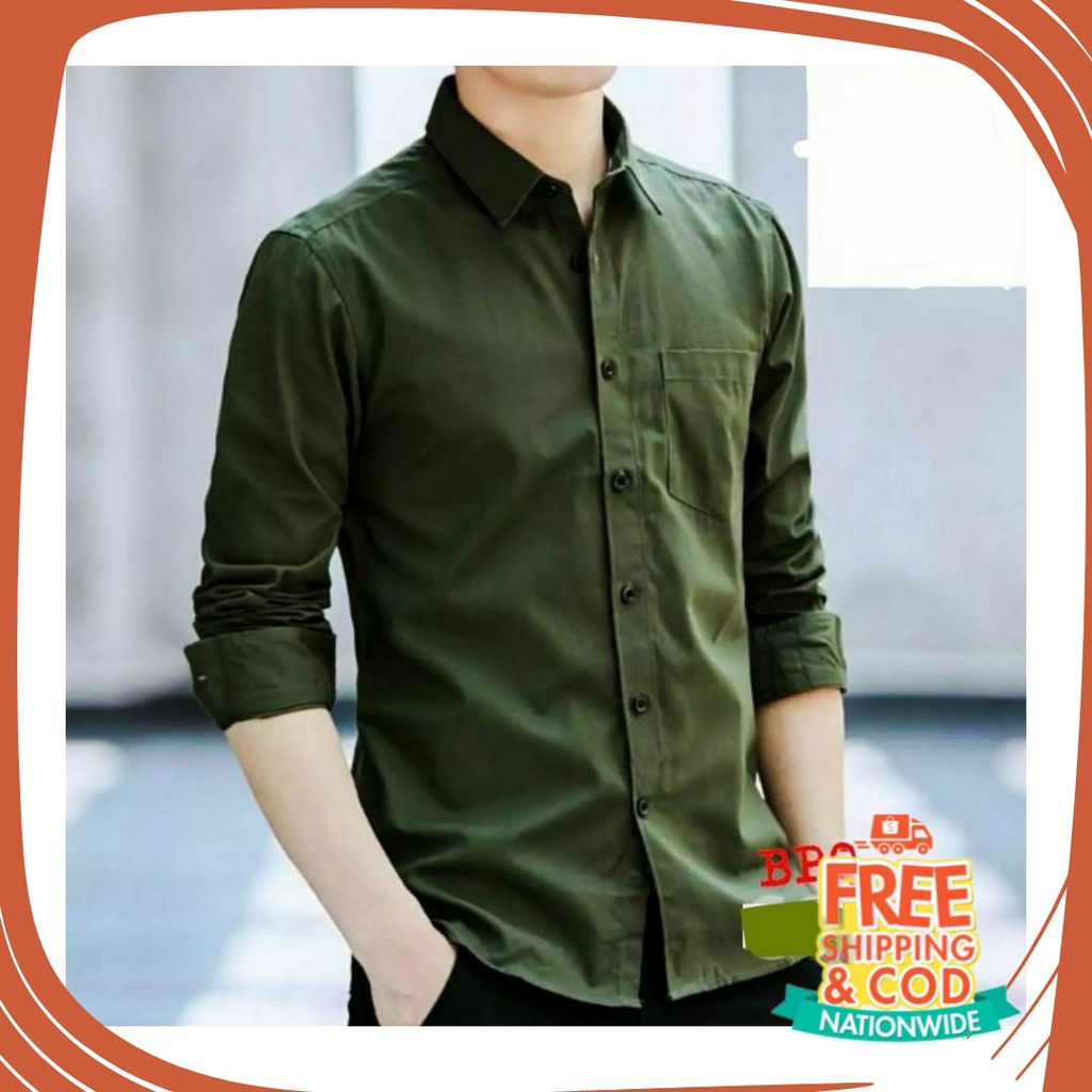 Bahan Tebal Bagus Tidak Tembus Full Halus /  Baju Kemeja Pria Kasual Polos Hitam slimfit Putih Lenga