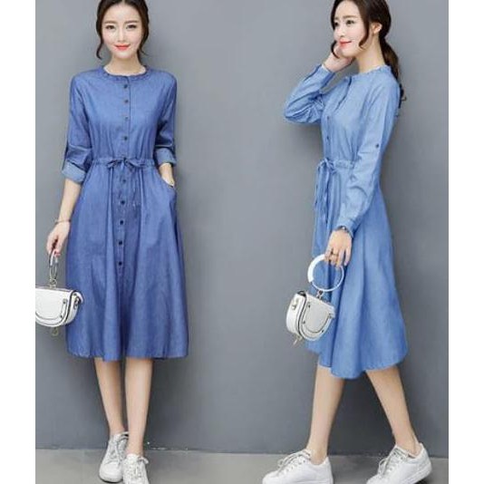 Dress wiwin RO dress wanita denim biru - Biru Muda