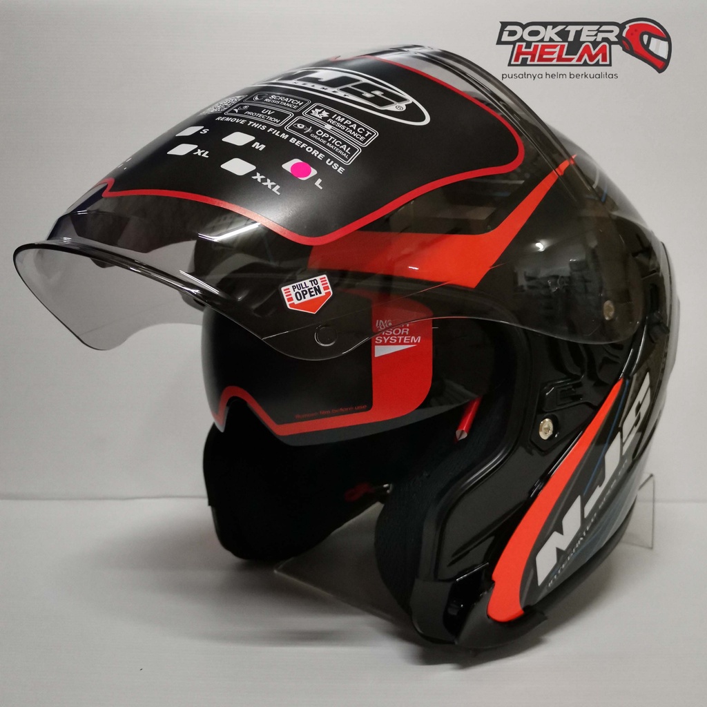 HELM HALF FACE NJS MOTIF KAIROZ KAIROS FURION BLACK ORANGE DOUBLE VISOR HELMET-3