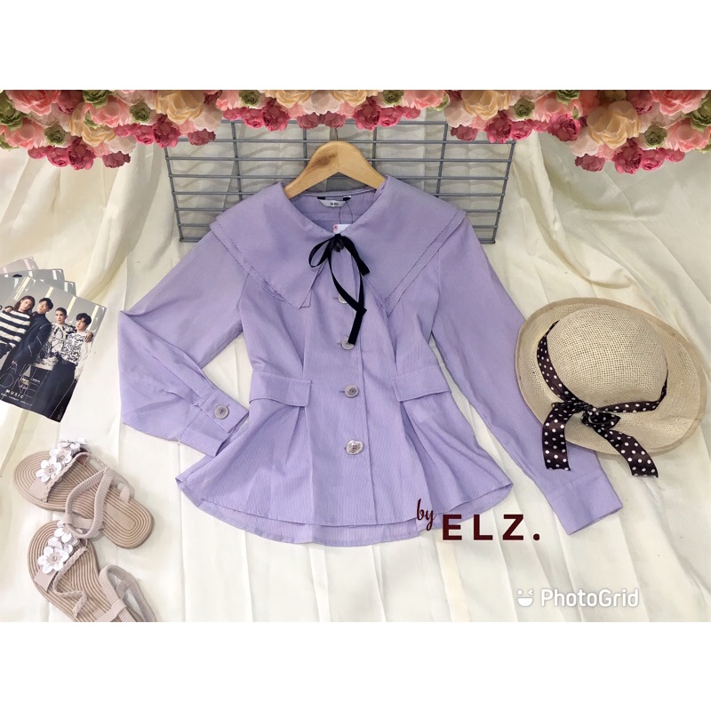 Kemeja blus korea kerah sailor ruffle lilac ungu muda korean style / blouse korea kantor kerja kerah