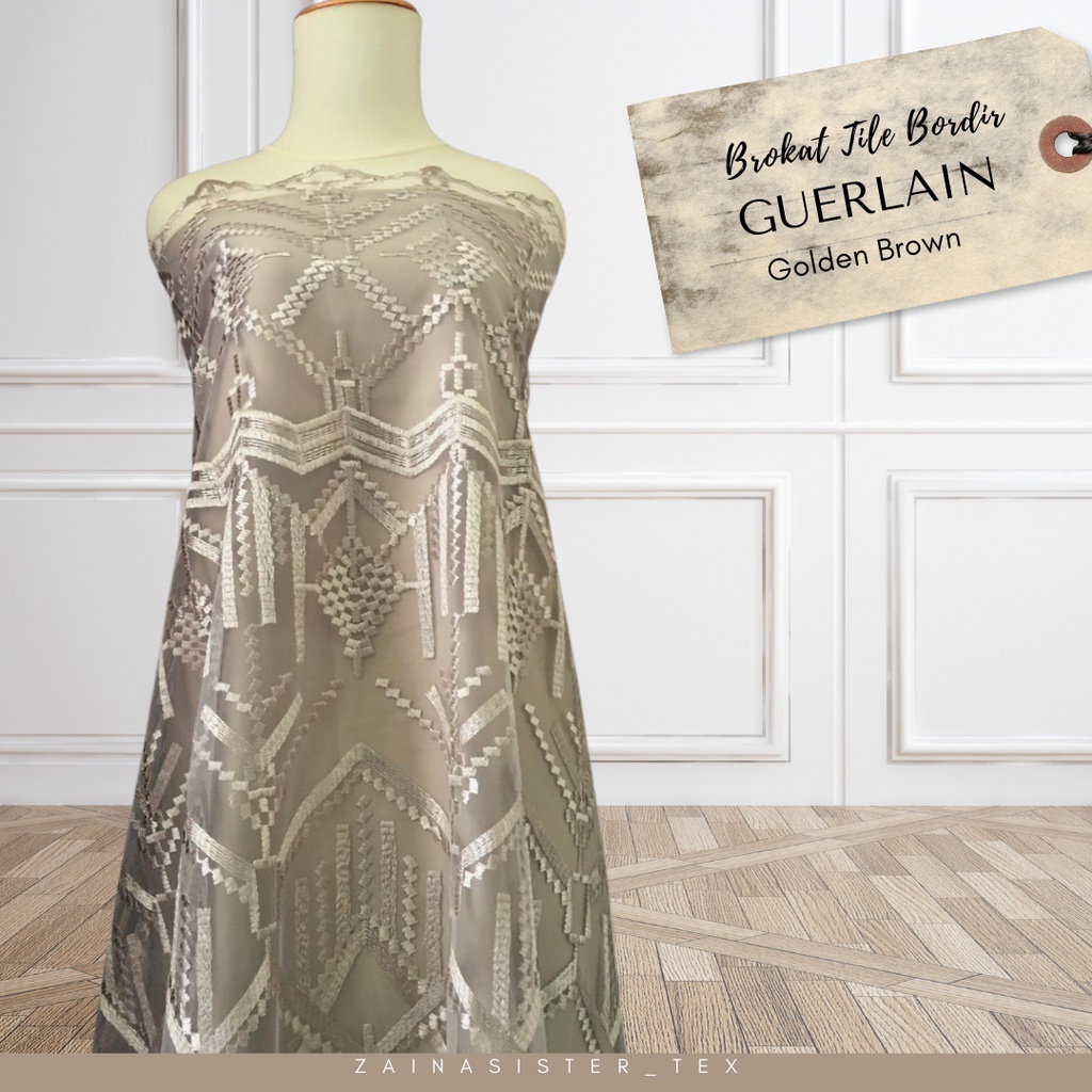 Bahan Kain Kebaya Brukat Tile Tille Bordir Premium Meteran Mewah Guerlain Warna Golden Brown