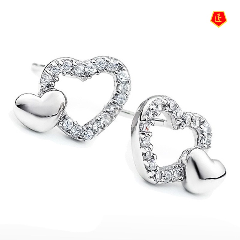 [Ready Stock]925 Silver Fashion Double-Heart Diamond Stud Earrings