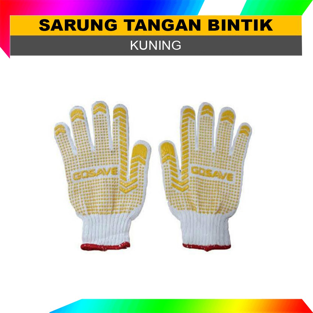 Sarung Tangan Bintik Karet KUNING Polka dot Katun Safety Gloves Dotting GOSAVE Eceran Sepasang