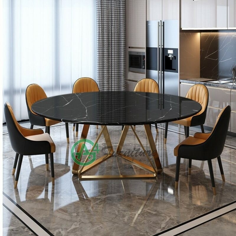 Set Meja Makan Bulat Black Marmer 6 Kursi