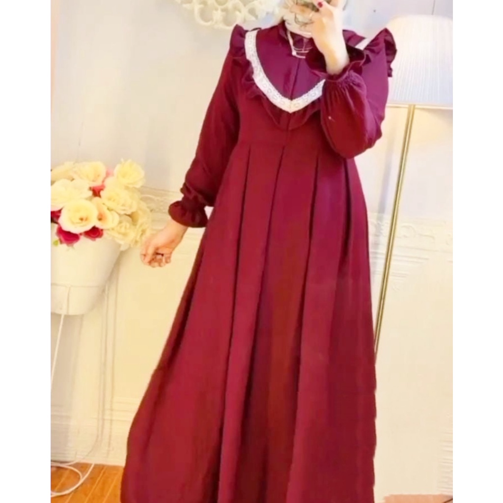 Gamis Crinkle Baju Wanita Resleting Depan Busui Friendly Gamis Kekinian Aplikasi Renda Lon Dress Jumbo Aulia Maxy