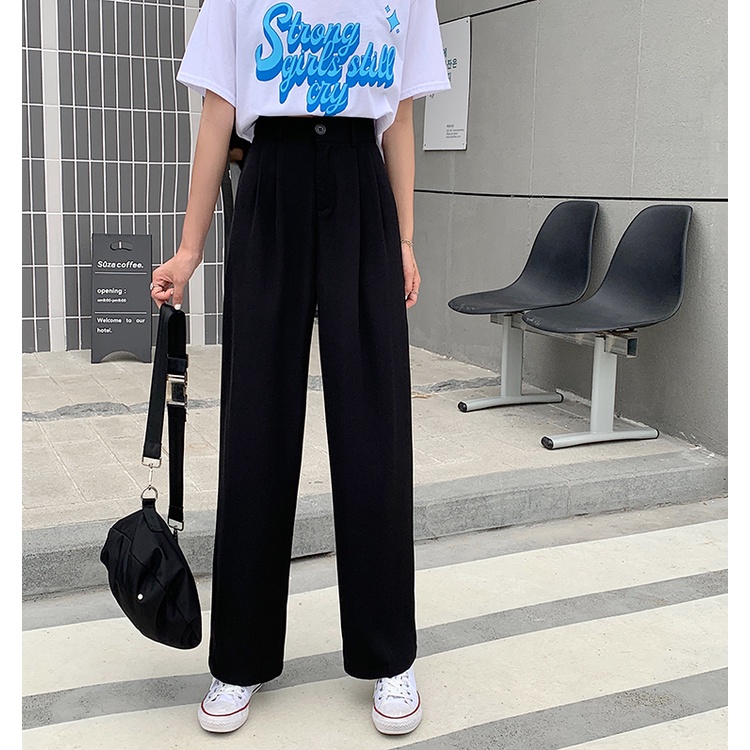 Celana Kasual Wanita Putih Fashion Korean Style High Waist Straight Pants