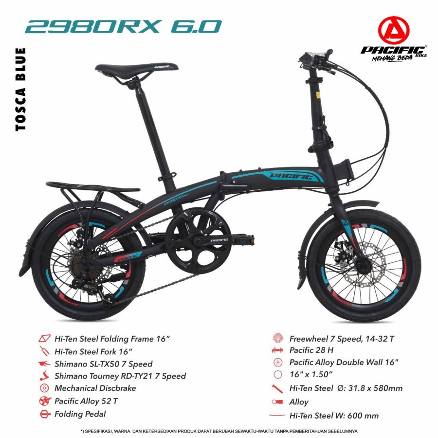 Sepeda Lipat Pacific STEEL 2980 RX 6.0 16 Inch 7 Speed Garansi SNI-Tosca Blue
