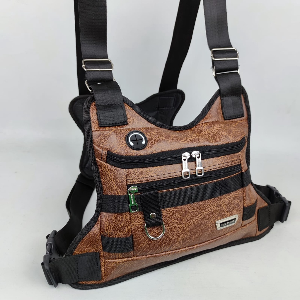 TAS SELEMPANG DADA Chest Bag Kulit PU Leather Water Resistant Tas Dada Tactical Chest Rig Outdoor Tas Rompi Tas Selempang Dada Kulit