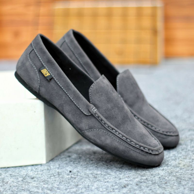 MODMEX GREY Sepatu Pria Keren Slip On Casual Spatu Slop Santai Main Selop Kasual Original Kulit Suede