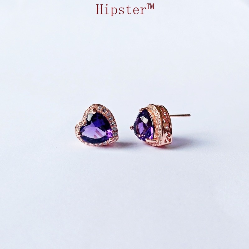 Fashion Special-Interest Retro Temperament Heart-Shaped Purple Crystal Stud Earrings