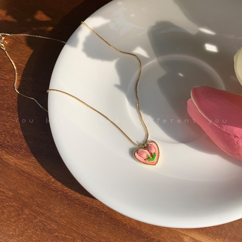 Kalung Rantai Emas Liontin Hati Tulip Pink Untuk Wanita