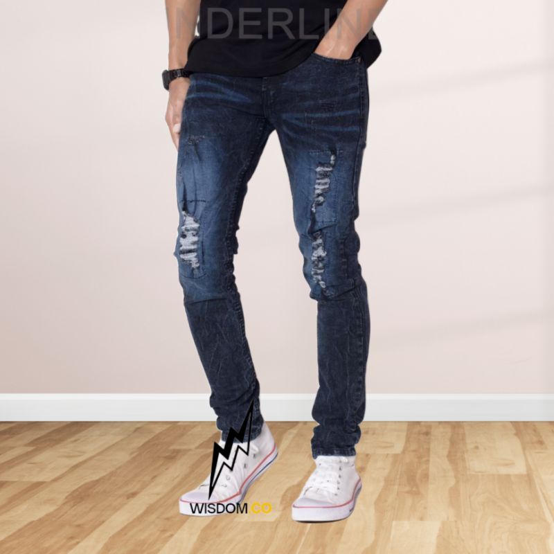 Wisdom - Celana Jeans Pria Sobek Bikers Full Jeans Stretch Melar | Denim Slimfit Kasual Ripped