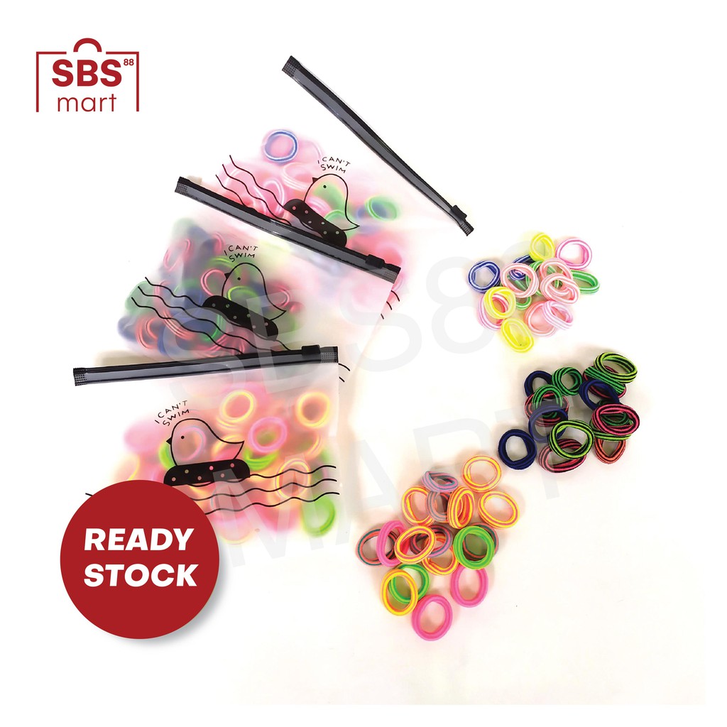 POUCH IKAT RAMBUT KOREA &quot;I Can Swim&quot; - Towel Ring Isi 48 pcs + FREE Pouch - ELASTIS