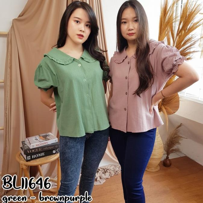 Baju Atasan Blouse Wanita Kerah Korea Lengan Pendek Karet Casual Busui