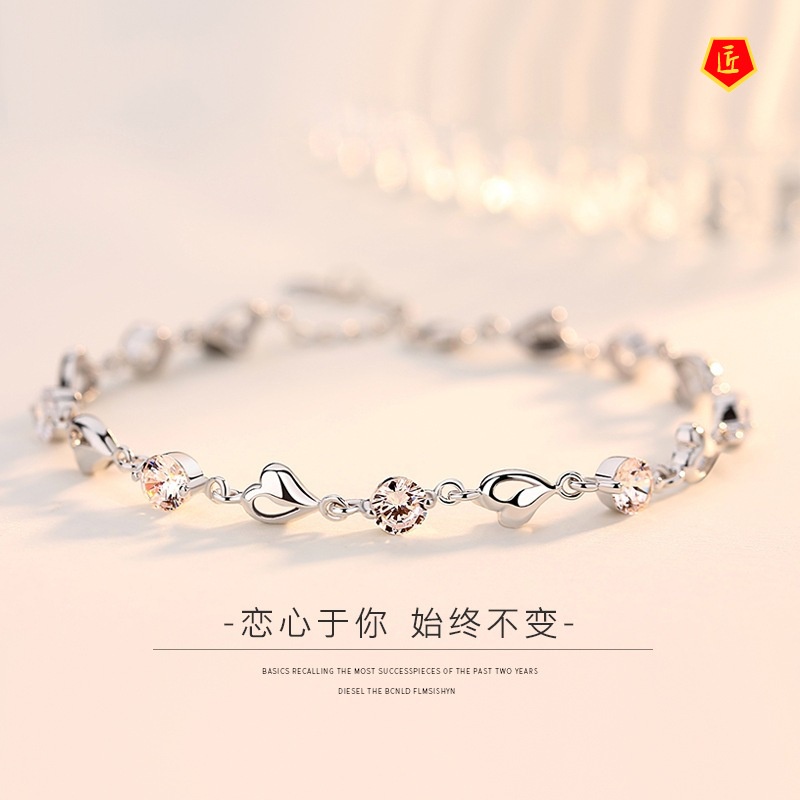 [Ready Stock]925 Silver Heart-Shaped Blue Crystal Bracelet Women's Simple