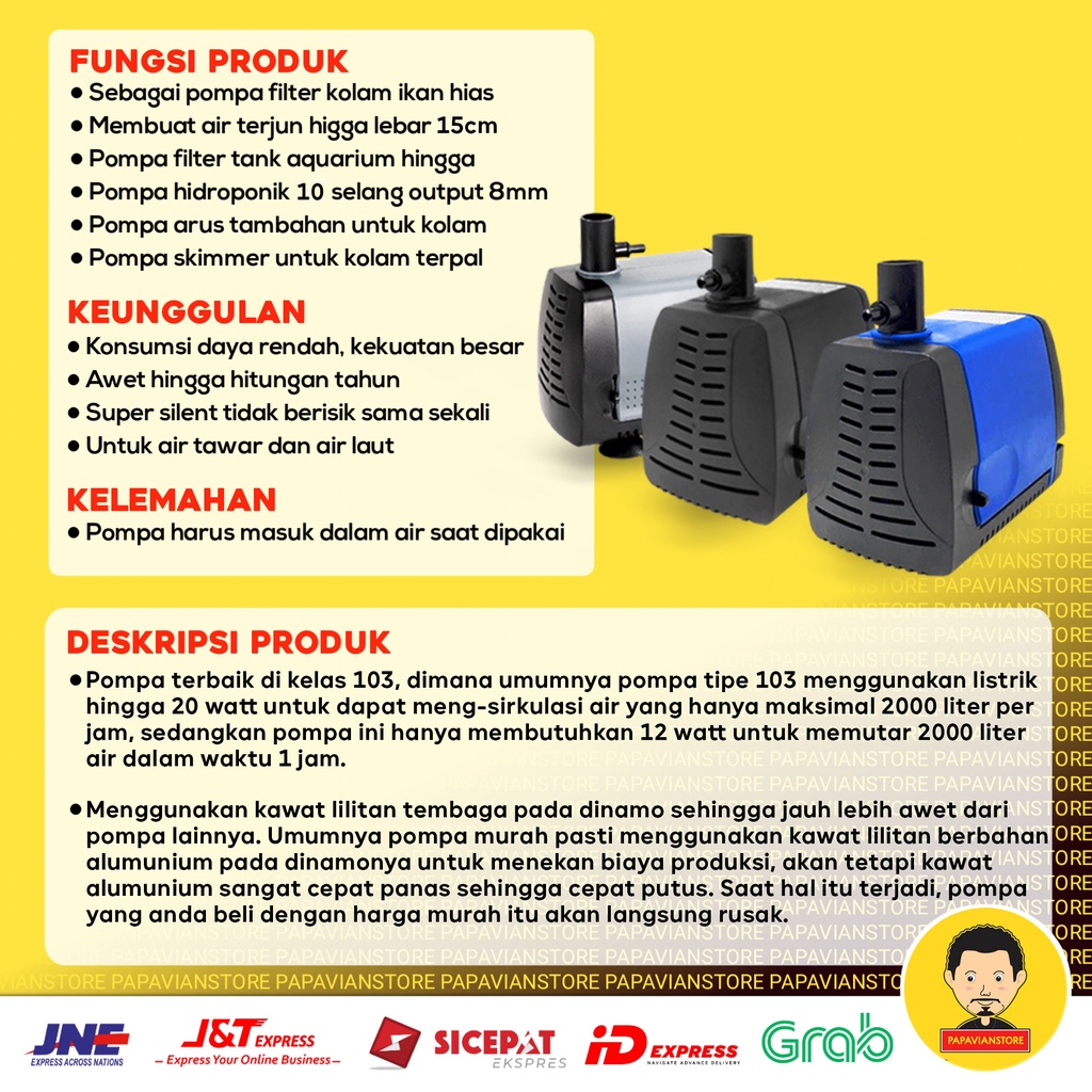 Pompa Mesin Aquarium Celup Filter Air Kolam Ikan Low Watt Tank Submersible Hidroponik Hydroponic Water Pump Waterfall Air Terjun Hias - 1000 2000 LPH Liter Per Jam 2 Meter Rendah Daya Ketinggian 2m P014