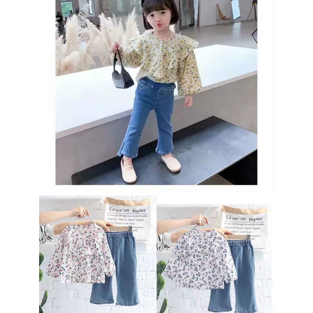 Setelan Jeans Sakura 6M - 3Y Setelan Kemeja Katun Sakura Celana Jeans Import High Quality Setelan Fashion Anak CBKS