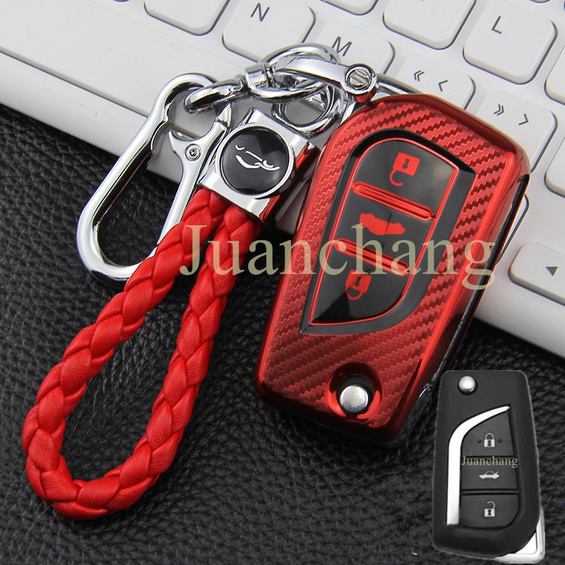 Casing Kunci Mobil 3 Tombol Bahan TPU Aksen Serat Karbon Untuk Toyota Auris Corolla Avensis Verso Yaris Aygo Scion TC IM 2015 2016 Camry RAV4