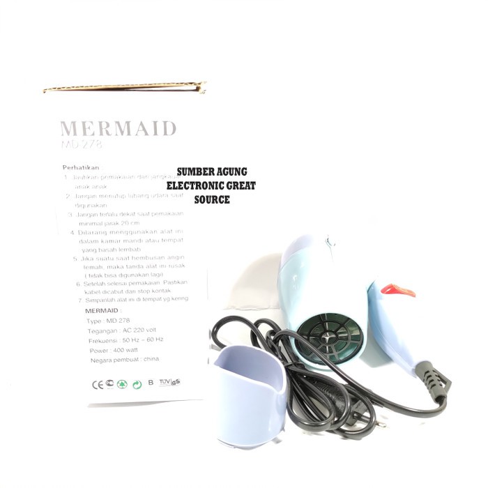 Mermaid MD278 278 Hair Dryer Portable Lipas Ringan Kecil 400W Dengan I