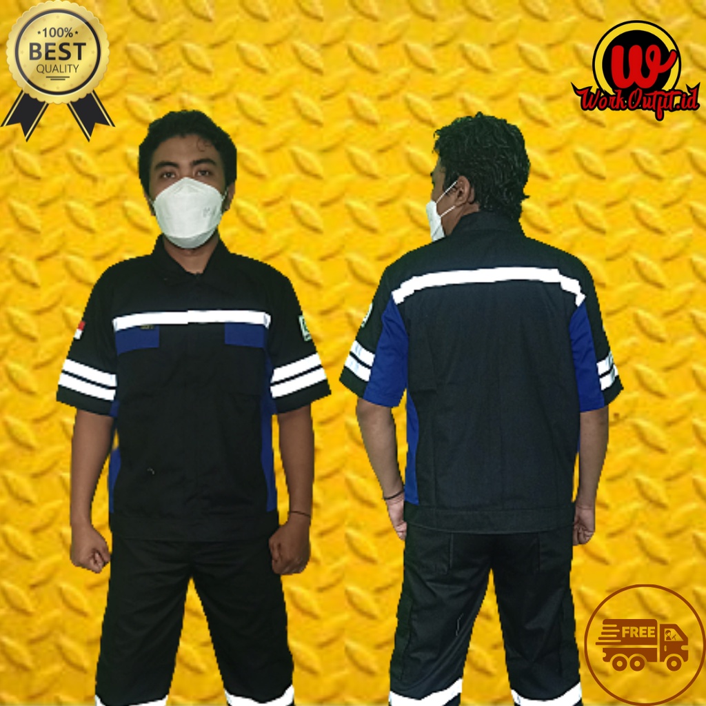 Baju Safety Wearpack Lengan Pendek | Kemeja Proyek Atasan Biru Benhur Hitam