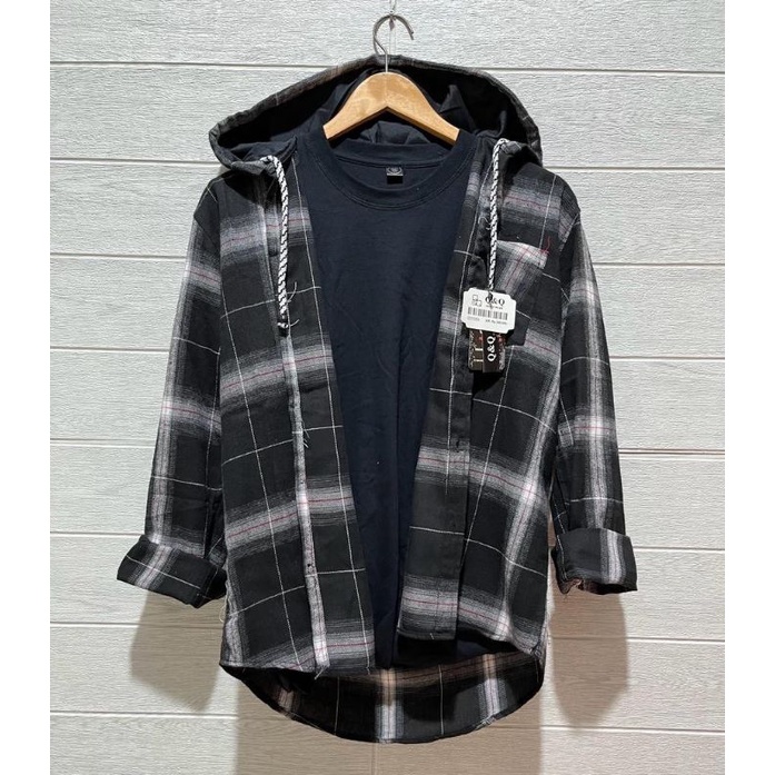 Kemeja Hoodie Flanel Lengan Panjang Kotak topi Premium Pria Wanita Unisex Casual hem