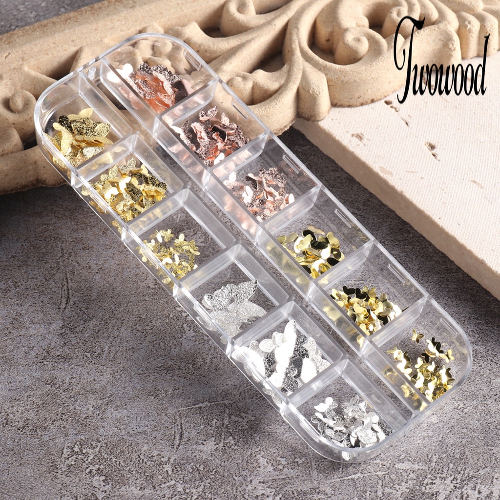 Twowood 1 Kotak Ornamen Kupu-Kupu Metal 3D Aksesoris Nail Art DIY Charms