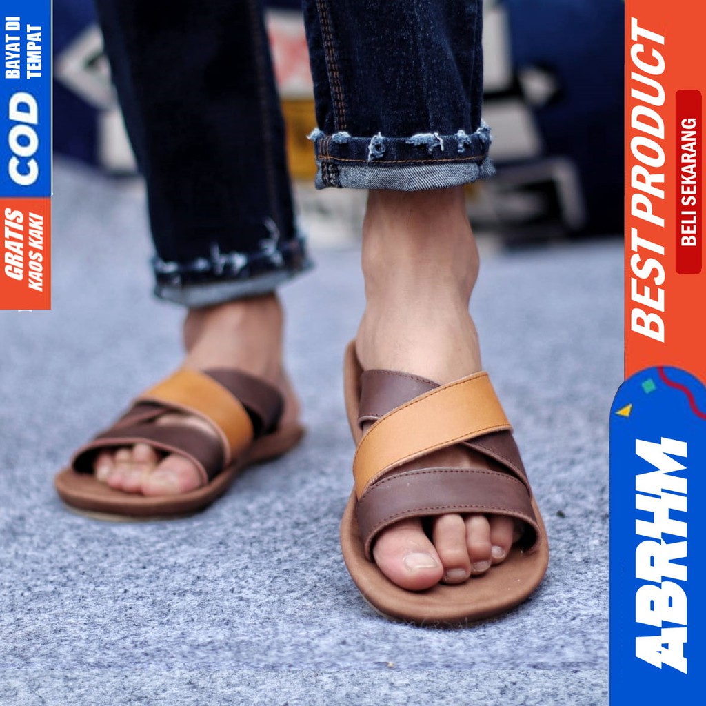 ABRHM X POLET Sandal Slide Pria Sandal Slop Pria Kulit Asli Sendal Selop Cowok / Cowo Ori Kekinian