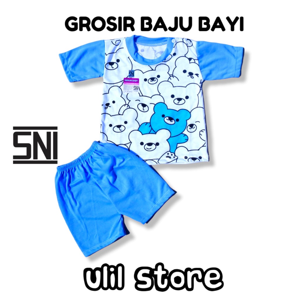 Setelan Baju Pendek SNI Seruni Baby Baju Bayi Kancing Pundak Usia 3-15 Bulan Motif Doodle Bear