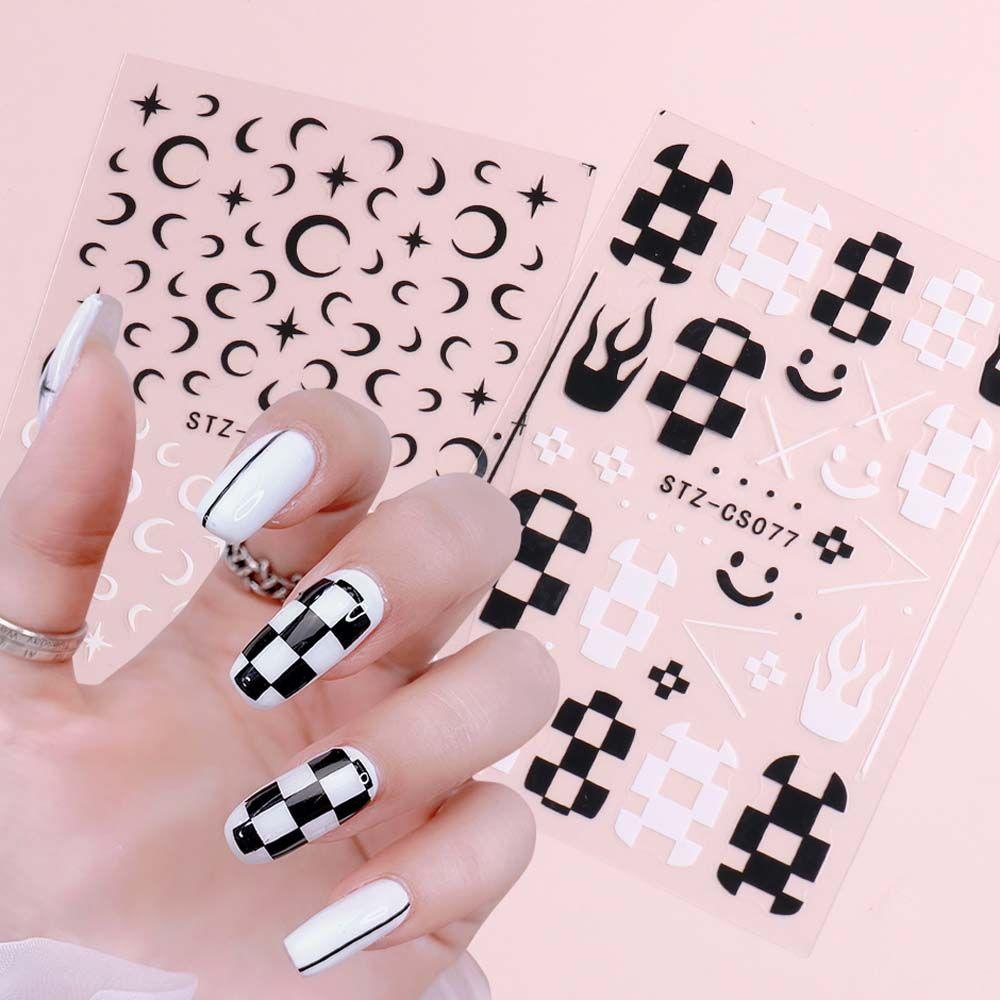 AUGUSTINA Agustina Checkerboard Stiker Kuku Bintang Pesona Bulan Motif Kotak-Kotak Perekat Api DIY Nail Art Alat